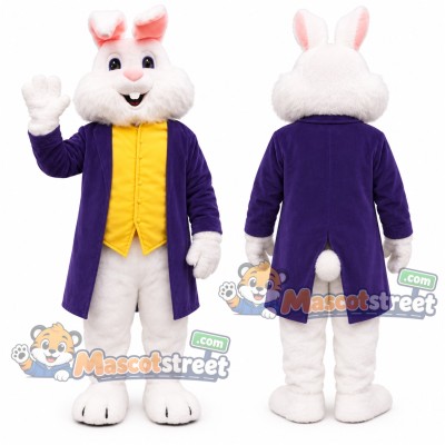 White Rabbit Mascot Costume with Purple Tailcoat and Yellow Vest