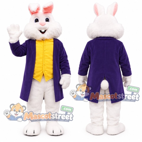 White Rabbit Mascot Costume with Purple Tailcoat and Yellow Vest