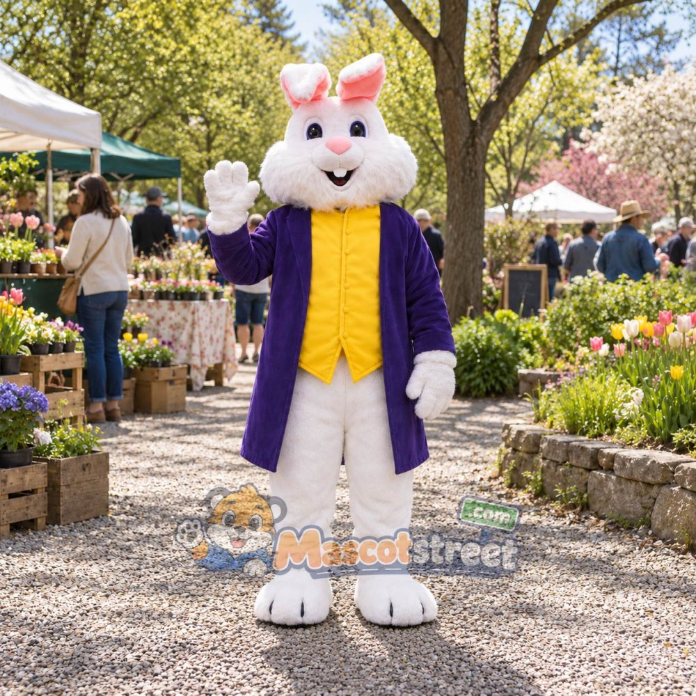 White Rabbit Mascot Costume with Purple Tailcoat and Yellow Vest White Rabbit Mascot Costume with Purple Tailcoat and Yellow Vest