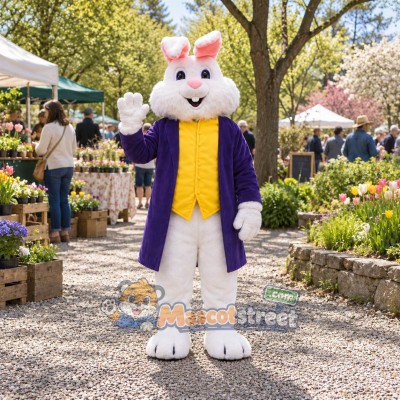 White Rabbit Mascot Costume with Purple Tailcoat and Yellow Vest White Rabbit Mascot Costume with Purple Tailcoat and Yellow Vest