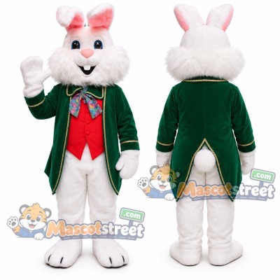 White Rabbit Mascot Costume with Green Tailcoat and Red Vest