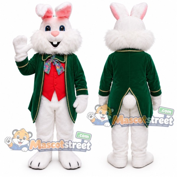 White Rabbit Mascot Costume with Green Tailcoat and Red Vest