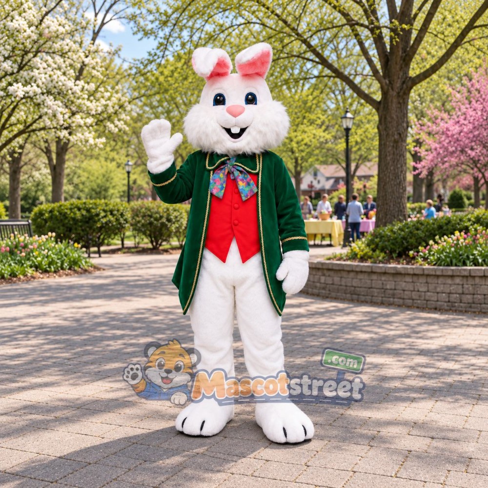 White Rabbit Mascot Costume with Green Tailcoat and Red Vest White Rabbit Mascot Costume with Green Tailcoat and Red Vest