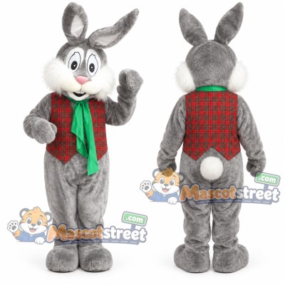 Gray Rabbit Mascot Costume with Red Plaid Vest and Green Scarf