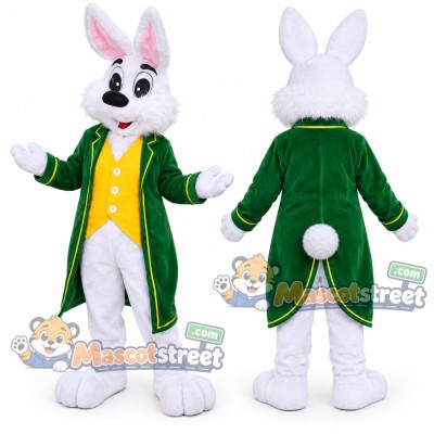 White Rabbit Mascot Costume with Green Tailcoat and Yellow Vest