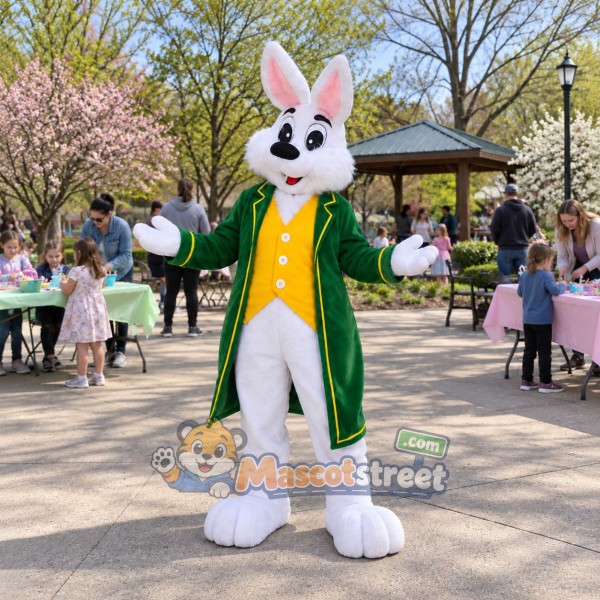 White Rabbit Mascot Costume with Green Tailcoat and Yellow Vest