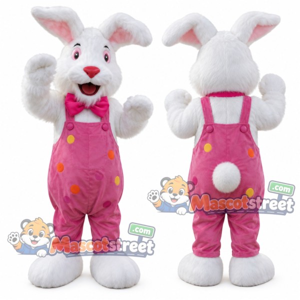 White Rabbit Mascot Costume with Pink Polka Dot Overalls