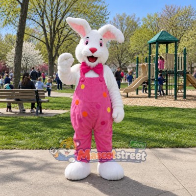 White Rabbit Mascot Costume with Pink Polka Dot Overalls