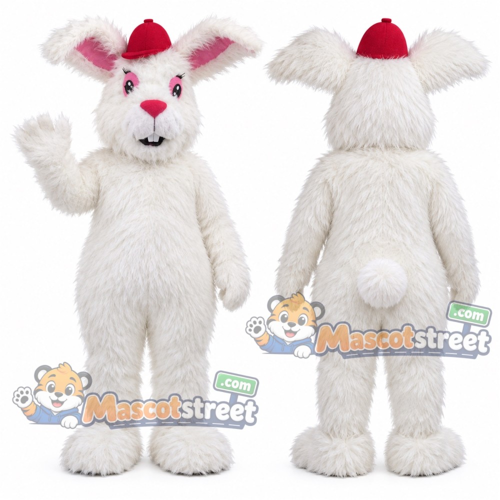White Rabbit Mascot Costume with Santa Hat White Rabbit Mascot Costume with Santa Hat