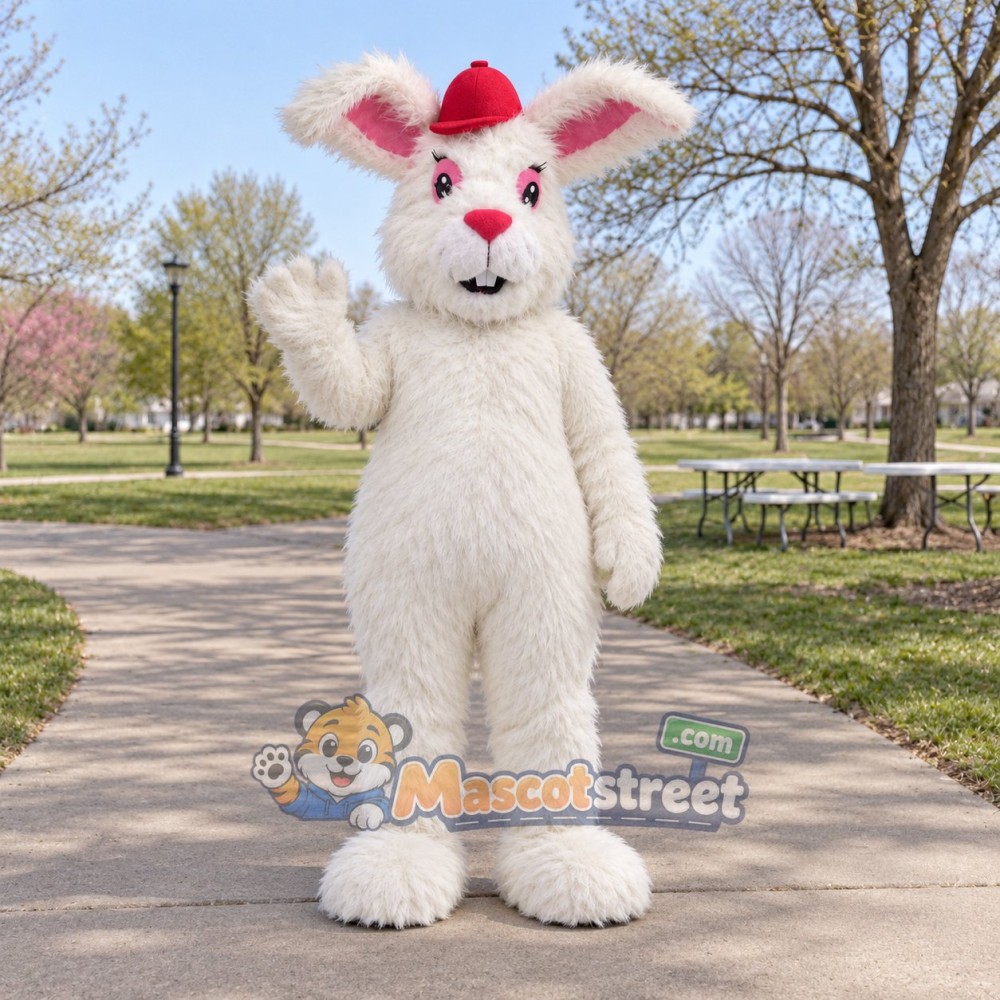 White Rabbit Mascot Costume with Santa Hat White Rabbit Mascot Costume with Santa Hat