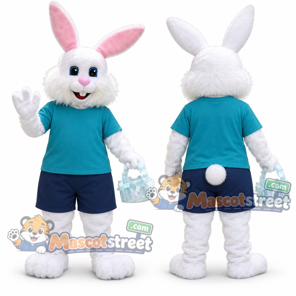 White Rabbit Mascot Costume with Teal Shirt and Navy Shorts