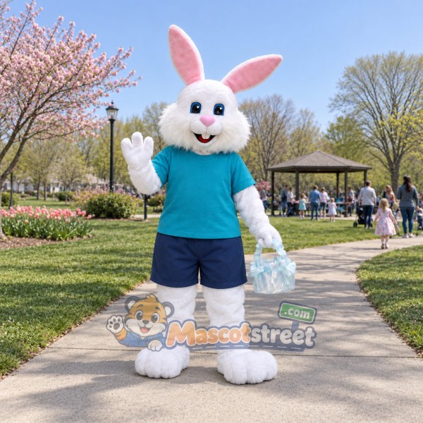 White Rabbit Mascot Costume with Teal Shirt and Navy Shorts