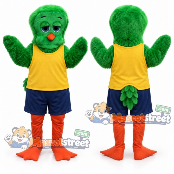 Green Chicken Mascot Costume with Yellow Shirt and Navy Shorts