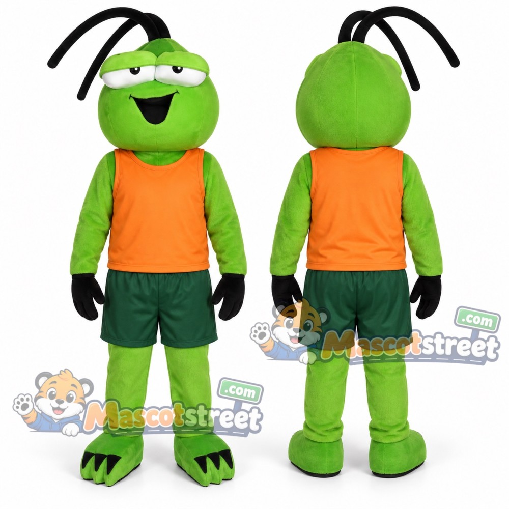 Green Grasshopper Mascot Costume with Orange Shirt and Green Shorts