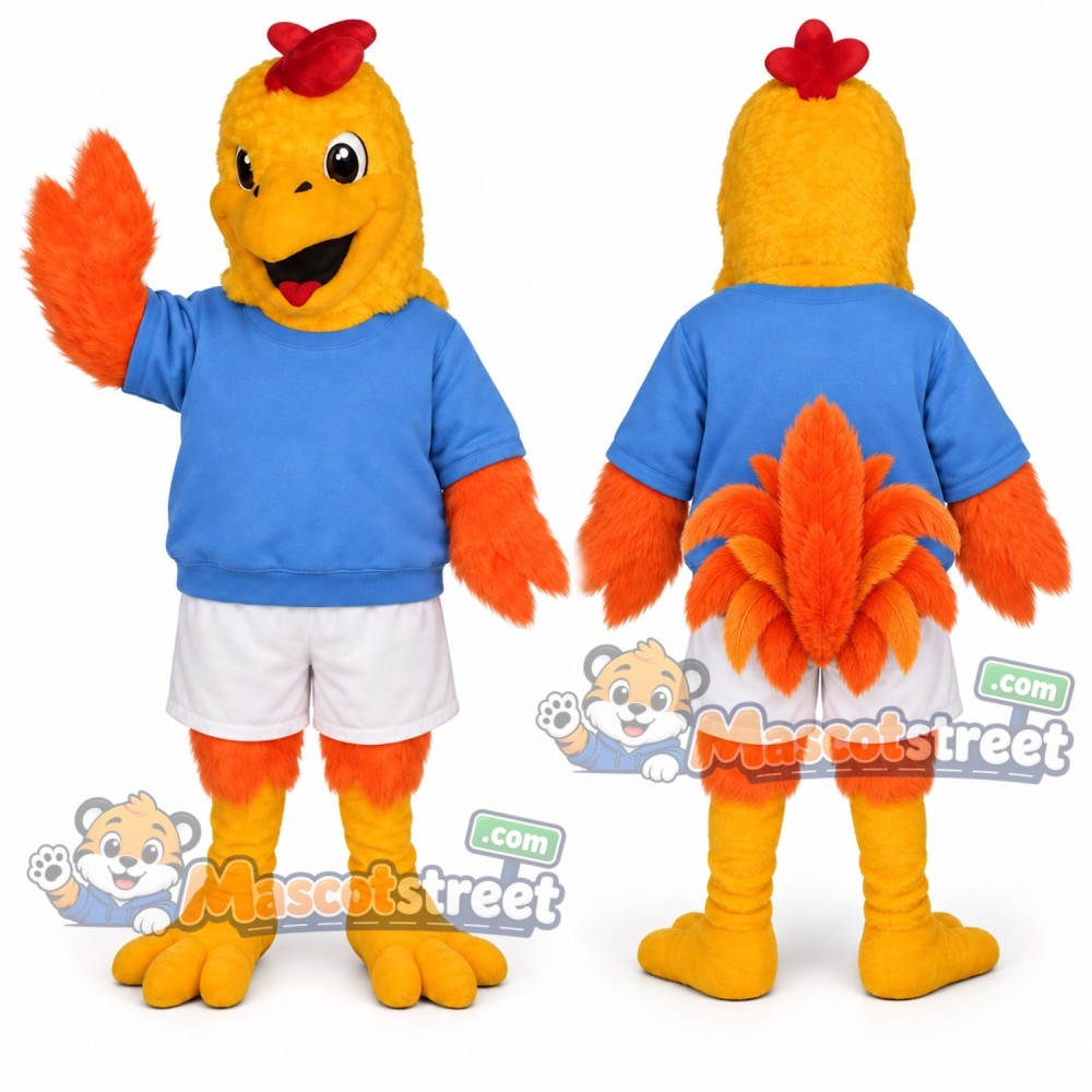 Orange Rooster Mascot Costume with Blue Shirt and White Shorts