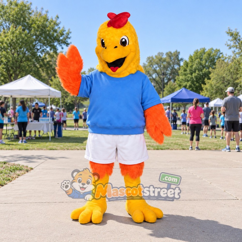 Orange Rooster Mascot Costume with Blue Shirt and White Shorts