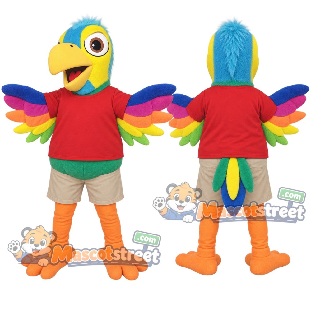Green Parrot Mascot Costume with Red Shirt and Beige Shorts Green Parrot Mascot Costume with Red Shirt and Beige Shorts