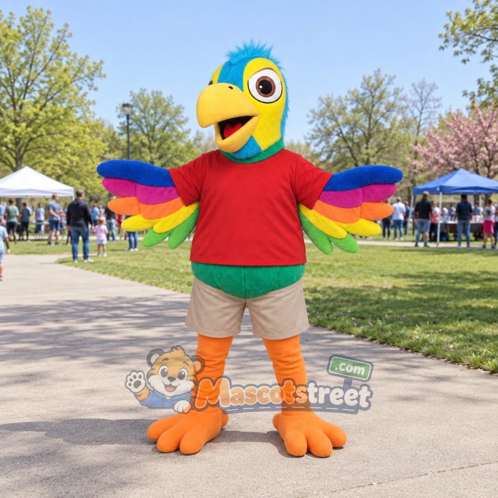 Green Parrot Mascot Costume with Red Shirt and Beige Shorts Green Parrot Mascot Costume with Red Shirt and Beige Shorts