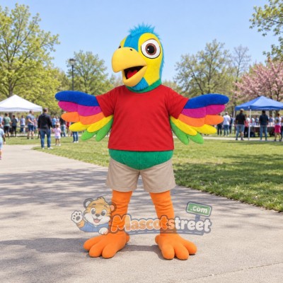 Green Parrot Mascot Costume with Red Shirt and Beige Shorts Green Parrot Mascot Costume with Red Shirt and Beige Shorts