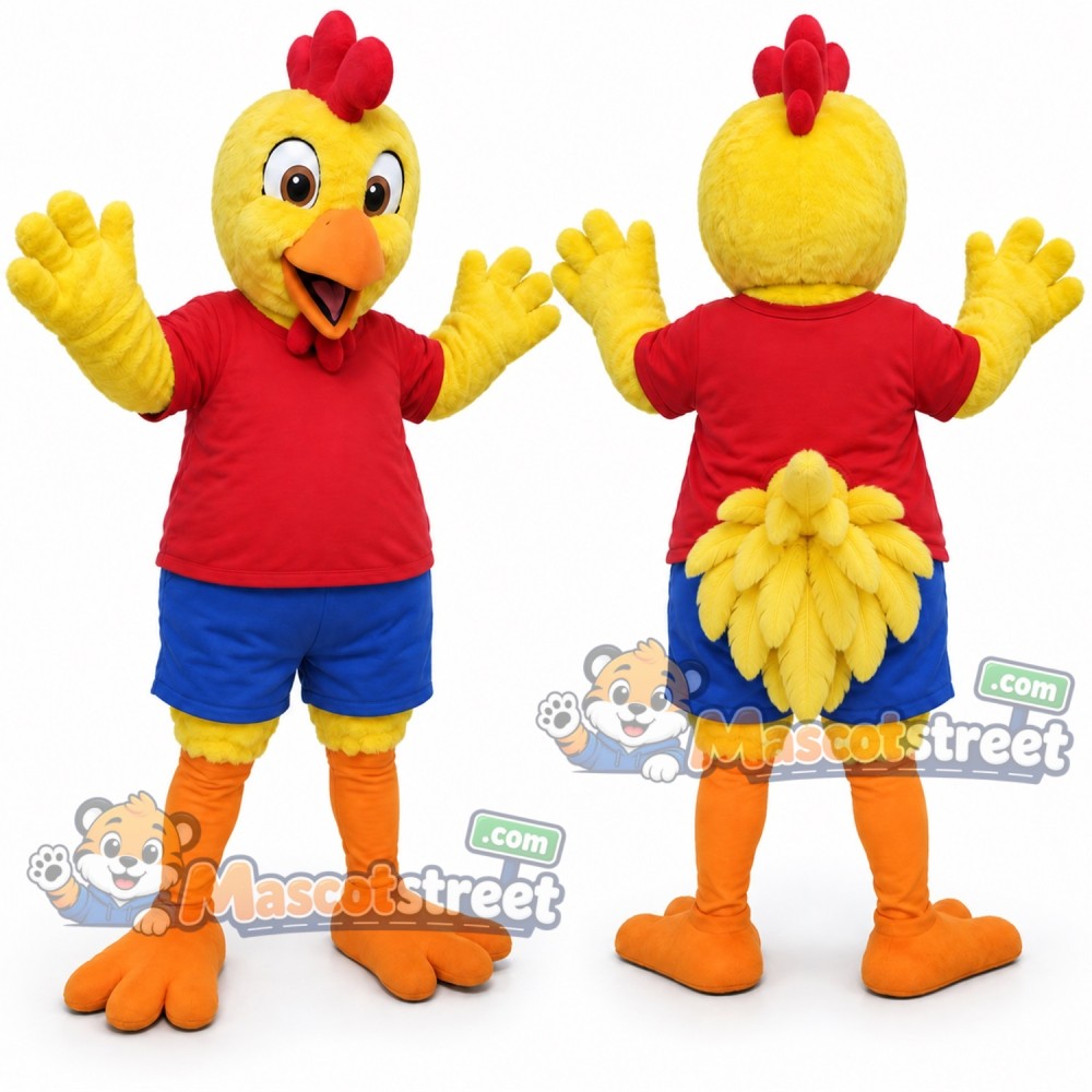 Yellow Chicken Mascot Costume with Red Shirt and Blue Shorts Yellow Chicken Mascot Costume with Red Shirt and Blue Shorts