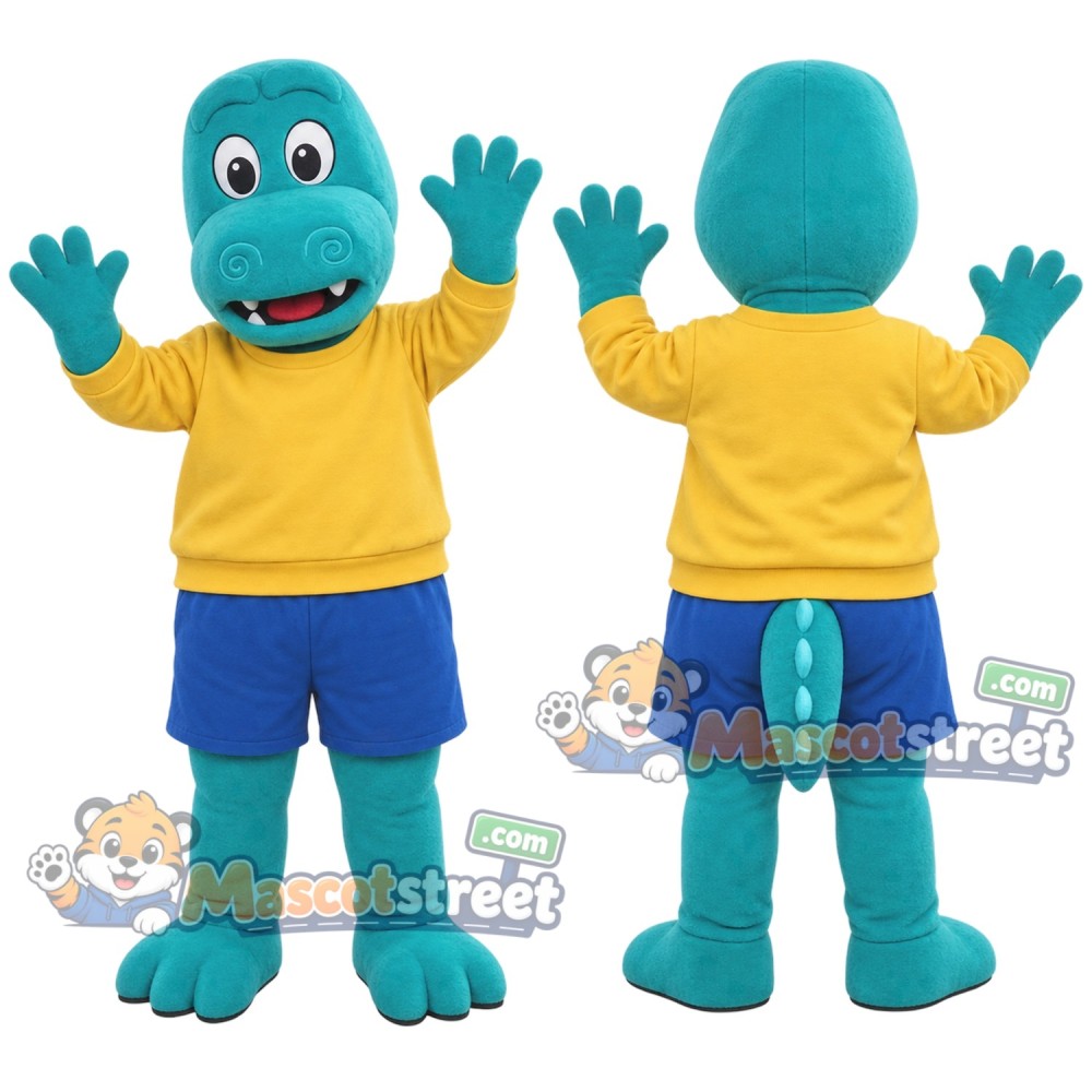 Teal Crocodile Mascot Costume with Yellow Shirt and Blue Shorts