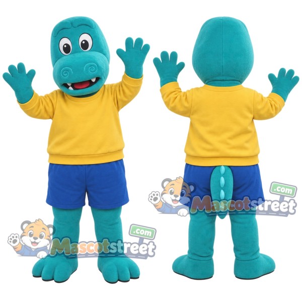 Teal Crocodile Mascot Costume with Yellow Shirt and Blue Shorts