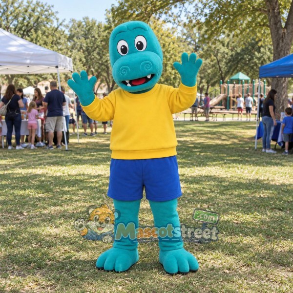 Teal Crocodile Mascot Costume with Yellow Shirt and Blue Shorts