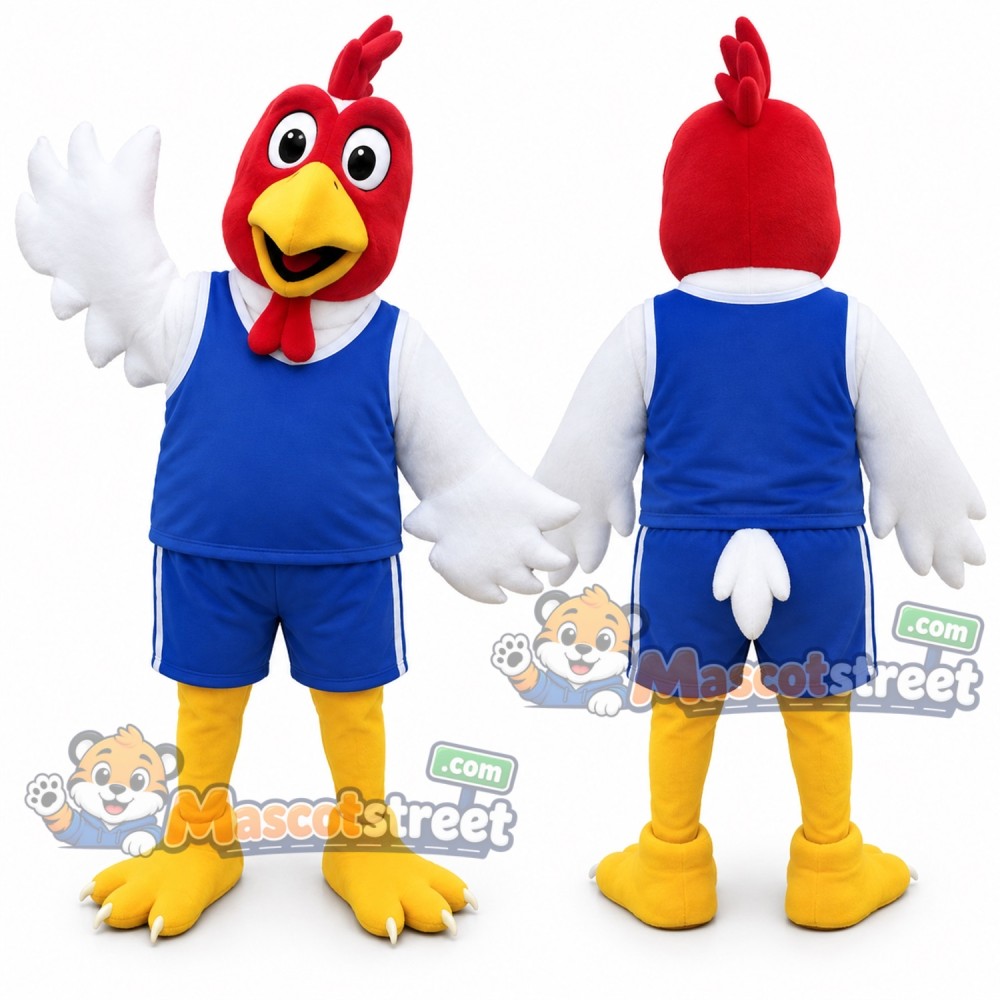 Red and White Rooster Mascot Costume with Blue Sports Uniform