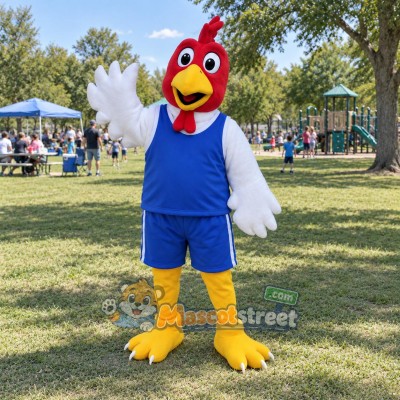 Red and White Rooster Mascot Costume with Blue Sports Uniform