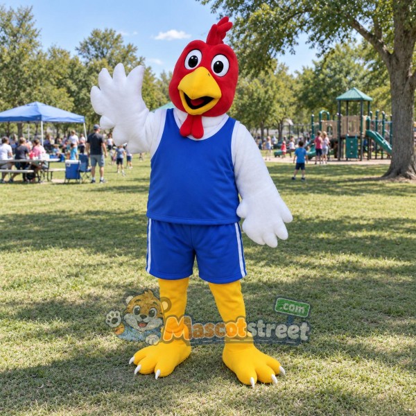 Red and White Rooster Mascot Costume with Blue Sports Uniform