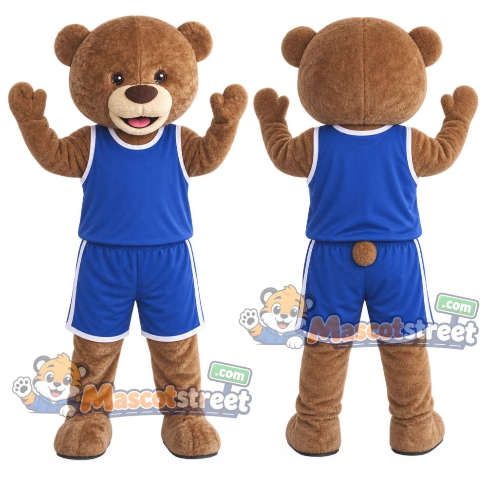 Brown Bear Mascot Costume with Blue Sports Uniform