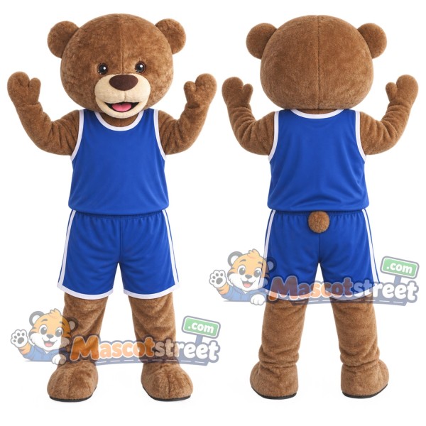 Brown Bear Mascot Costume with Blue Sports Uniform
