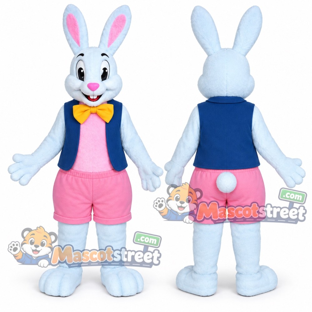 Light Blue Rabbit Mascot Costume with Navy Vest, Pink Shorts and Yellow Bow Tie