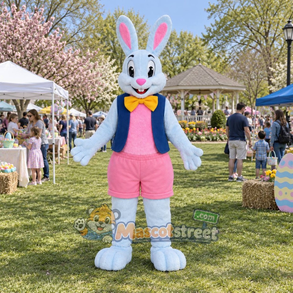 Light Blue Rabbit Mascot Costume with Navy Vest, Pink Shorts and Yellow Bow Tie Light Blue Rabbit Mascot Costume with Navy Vest, Pink Shorts and Yellow Bow Tie