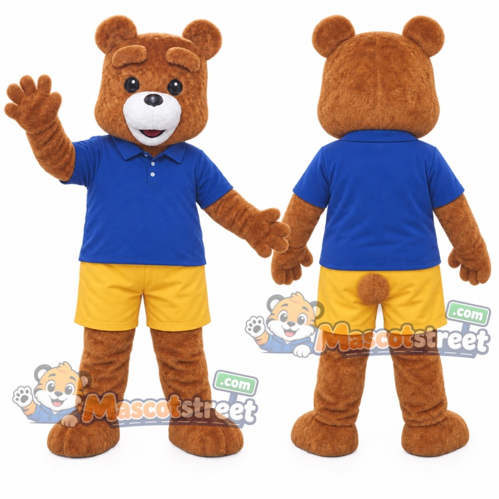 Brown Bear Mascot Costume with Blue Shirt and Yellow Shorts