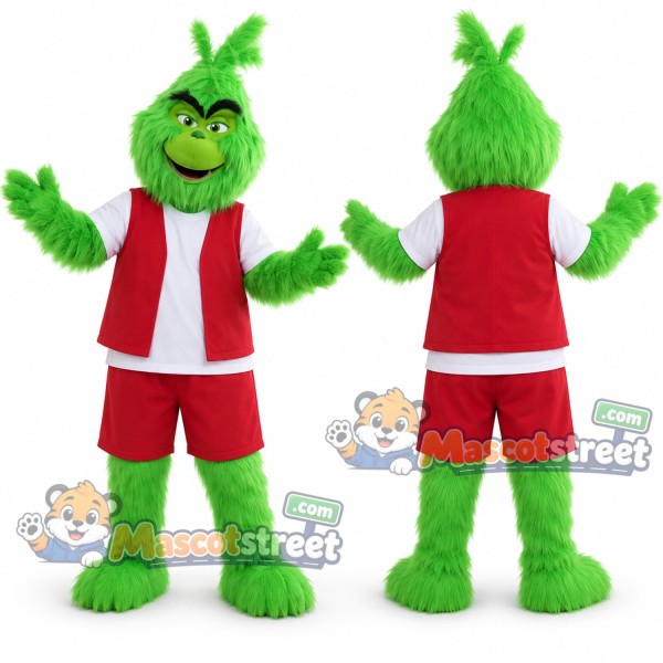 Green Christmas Monster Mascot Costume with Red Santa Vest and Shorts