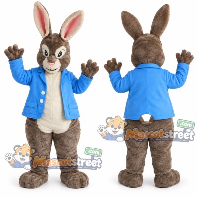 Brown Rabbit Mascot Costume with Blue Jacket Brown Rabbit Mascot Costume with Blue Jacket