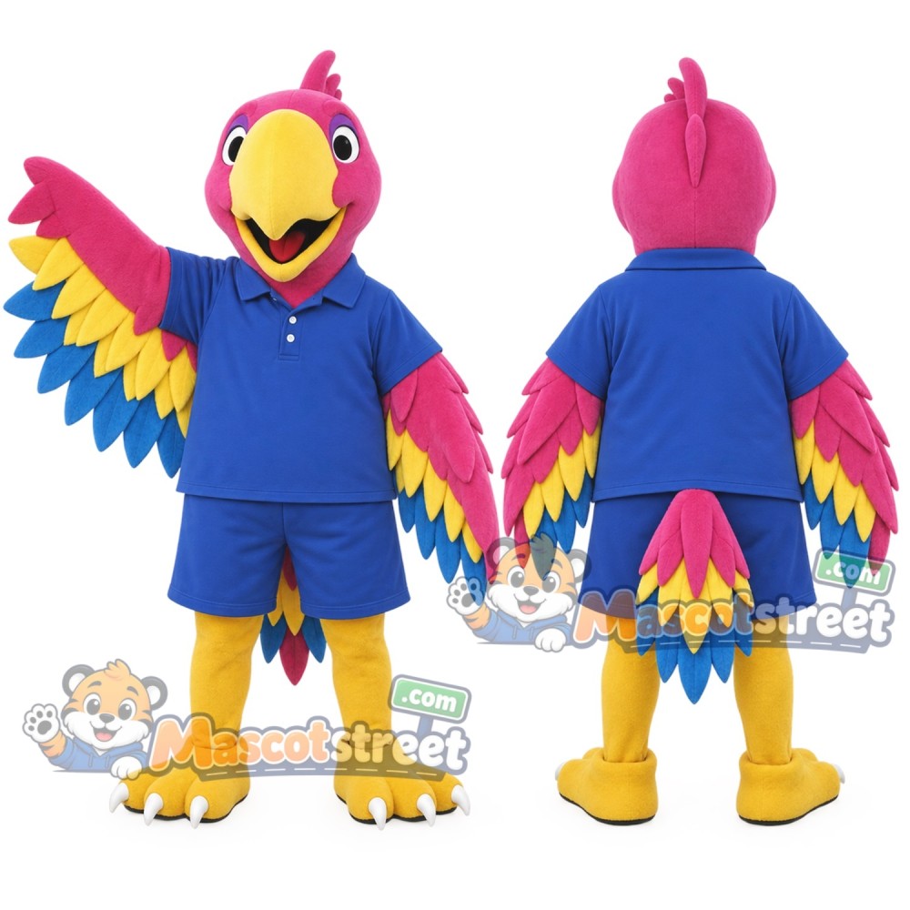 Pink Parrot Mascot Costume with Blue Shirt and Shorts