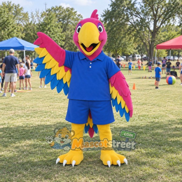 Pink Parrot Mascot Costume with Blue Shirt and Shorts