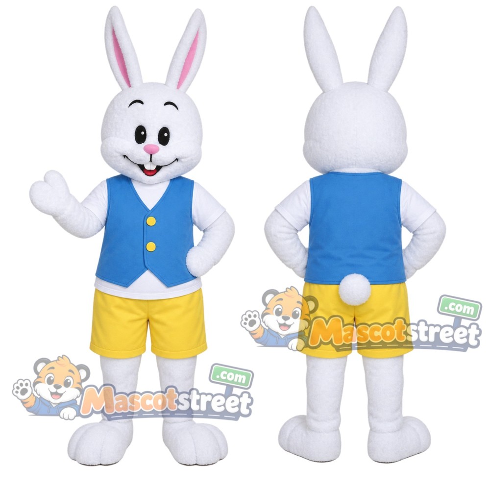 White Rabbit Mascot Costume with Blue Vest and Yellow Shorts White Rabbit Mascot Costume with Blue Vest and Yellow Shorts