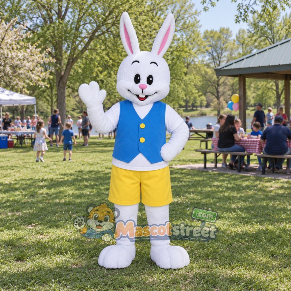 White Rabbit Mascot Costume with Blue Vest and Yellow Shorts White Rabbit Mascot Costume with Blue Vest and Yellow Shorts