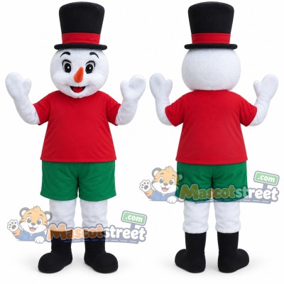 Snowman Mascot Costume with Red Shirt, Green Shorts and Black Top Hat