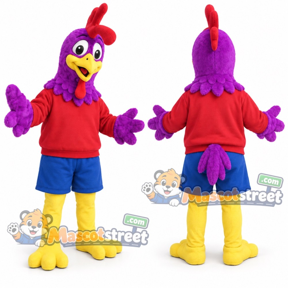 Purple Rooster Mascot Costume with Red Shirt and Blue Shorts