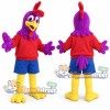 Purple Rooster Mascot Costume with Red Shirt and Blue Shorts