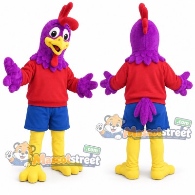 Purple Rooster Mascot Costume with Red Shirt and Blue Shorts