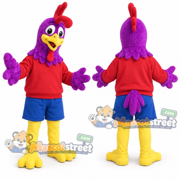 Purple Rooster Mascot Costume with Red Shirt and Blue Shorts