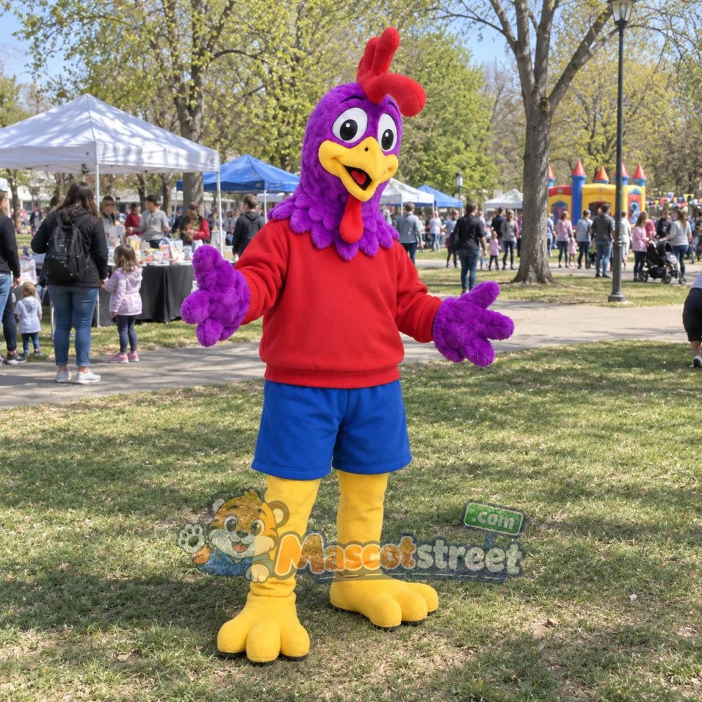 Purple Rooster Mascot Costume with Red Shirt and Blue Shorts
