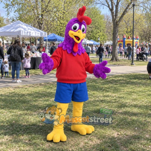 Purple Rooster Mascot Costume with Red Shirt and Blue Shorts