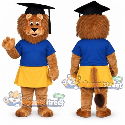 Brown Lion Graduate Mascot Costume with Blue Shirt, Yellow Skirt and Graduation Cap