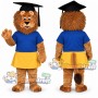 Brown Lion Graduate Mascot Costume with Blue Shirt, Yellow Skirt and Graduation Cap